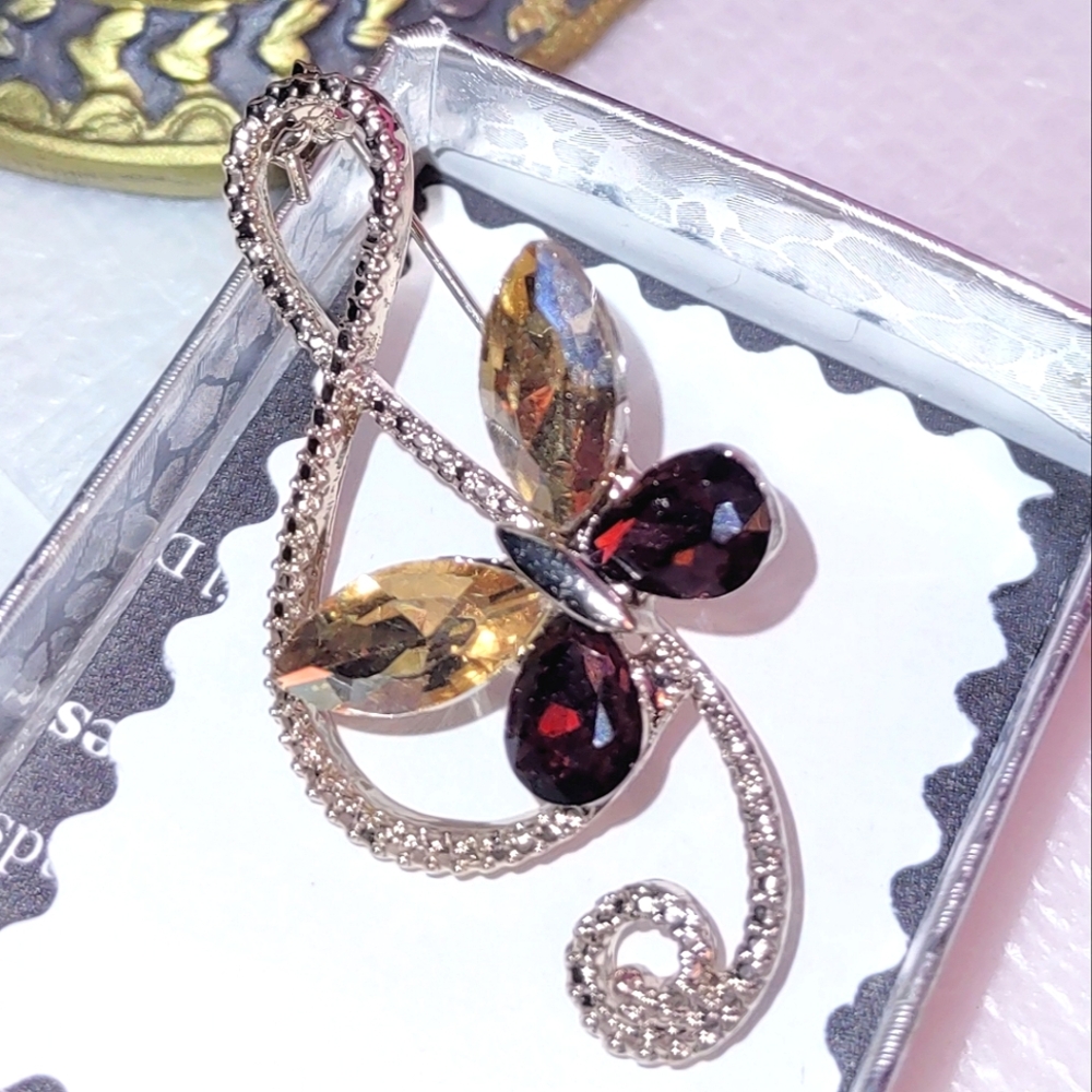 Rose Gold Music Note G-Clef Crystal Butterfly Brooch